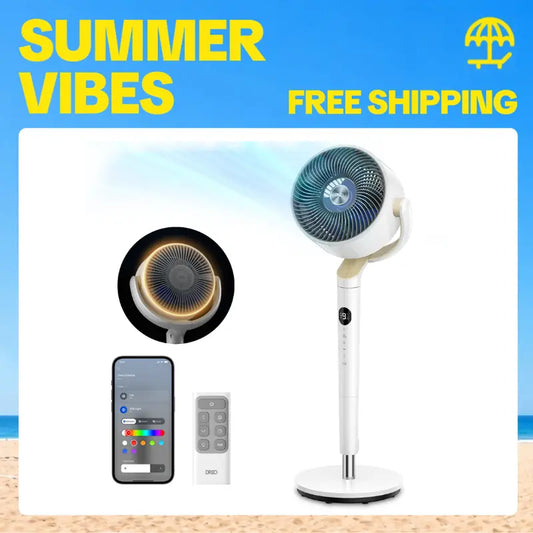[Summervibes] DREO Smart Pedestal Fan for Bedroom, 120°+120° Omni-Directional Oscillation, Quiet 100Ft Cooling Fan with RGB Light, 9 Speeds, 6 Modes, 20Db Quiet, 8H Timer, Wi-Fi Voice & Alexa Control, 37-42" Adjustable Height Floor Fan with Remote