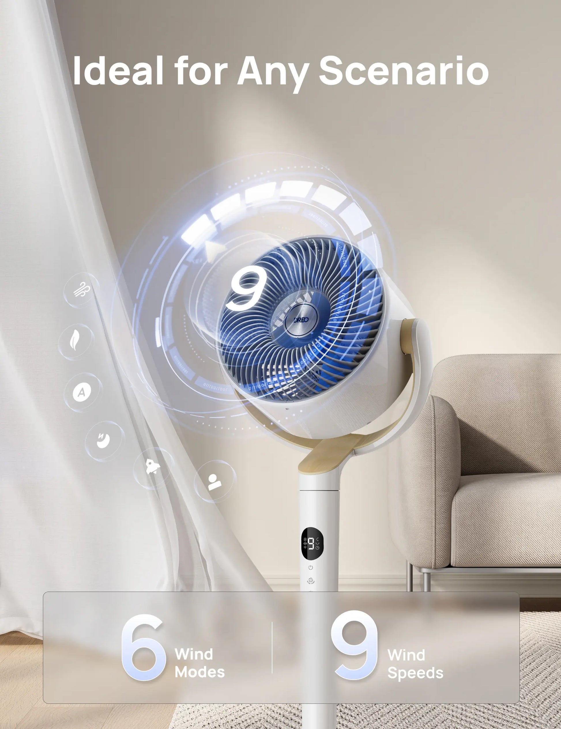 [Summervibes] DREO Smart Pedestal Fan for Bedroom, 120°+120° Omni-Directional Oscillation, Quiet 100Ft Cooling Fan with RGB Light, 9 Speeds, 6 Modes, 20Db Quiet, 8H Timer, Wi-Fi Voice & Alexa Control, 37-42" Adjustable Height Floor Fan with Remote