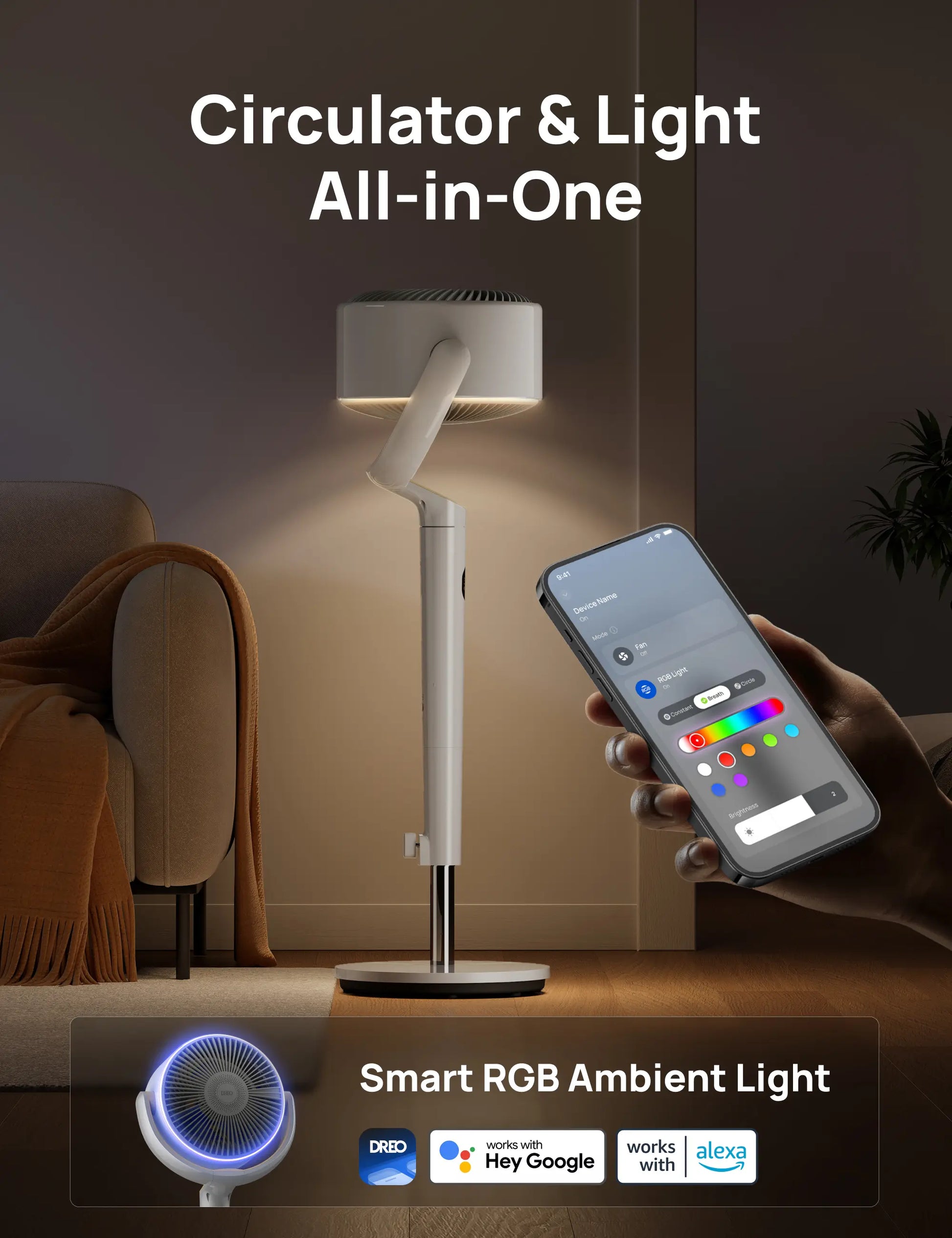 [Summervibes] DREO Smart Pedestal Fan for Bedroom, 120°+120° Omni-Directional Oscillation, Quiet 100Ft Cooling Fan with RGB Light, 9 Speeds, 6 Modes, 20Db Quiet, 8H Timer, Wi-Fi Voice & Alexa Control, 37-42" Adjustable Height Floor Fan with Remote
