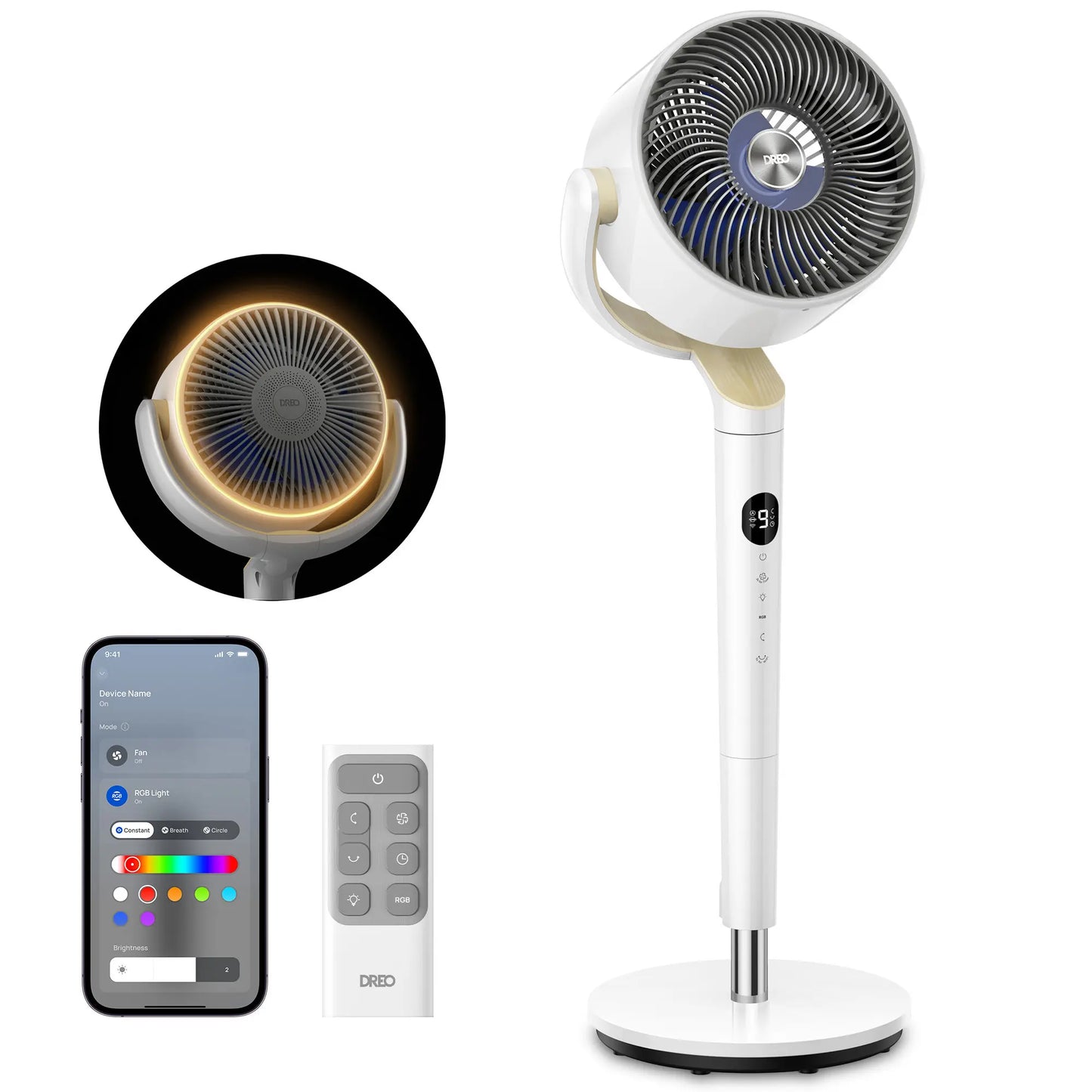 [Summervibes] DREO Smart Pedestal Fan for Bedroom, 120°+120° Omni-Directional Oscillation, Quiet 100Ft Cooling Fan with RGB Light, 9 Speeds, 6 Modes, 20Db Quiet, 8H Timer, Wi-Fi Voice & Alexa Control, 37-42" Adjustable Height Floor Fan with Remote